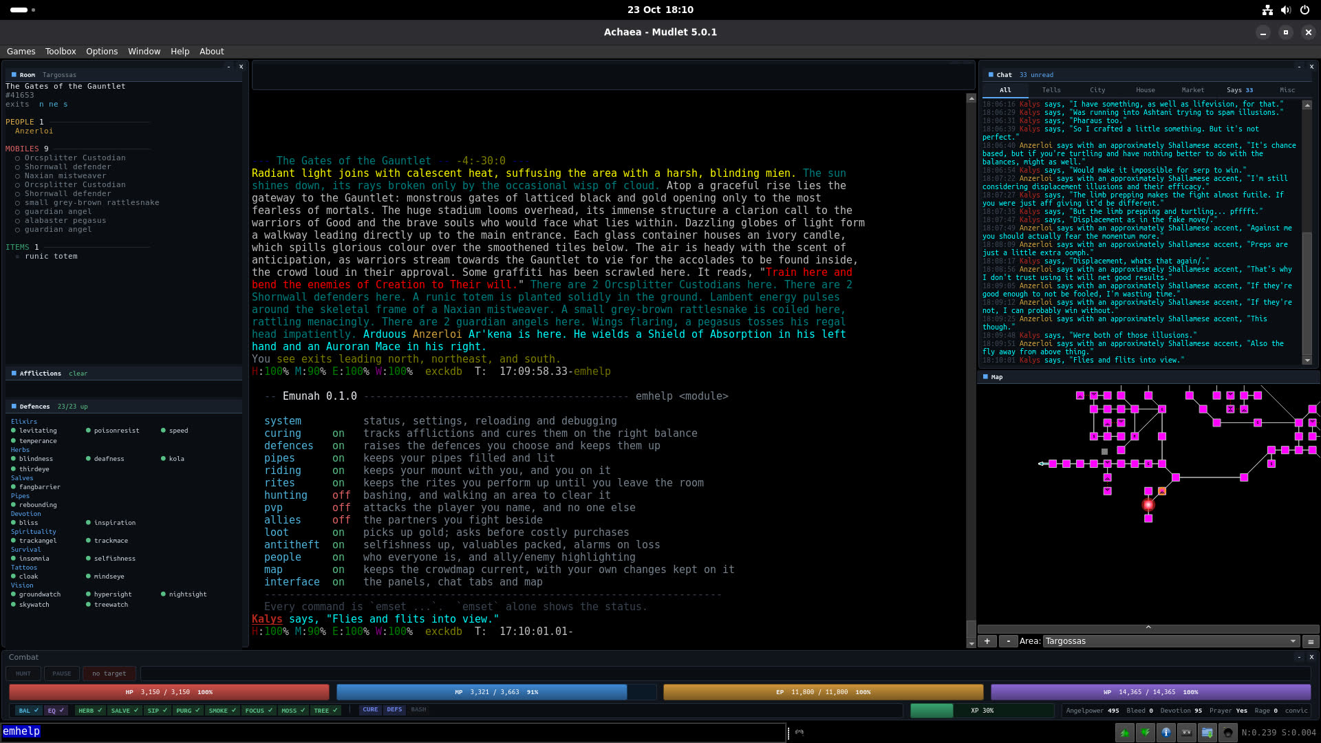 Mudlet running Achaea with Emunah's interface: a room panel listing denizens and items on the left, afflictions and defences below it, the game text in the centre, chat tabs and an area map on the right, and a combat HUD of vitals gauges and balances along the bottom.